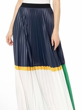 BCBGMaxAzria Pleated Colorblock Maxi Skirt in Navy, White, Yellow & Green